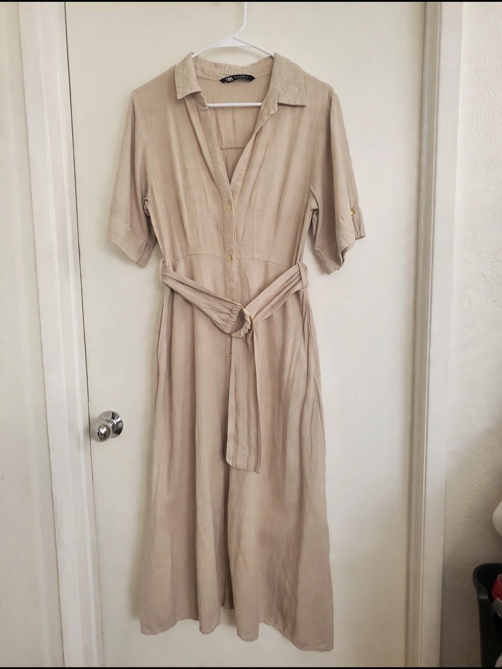 Zara Beige Maxi Shirt Dress with Waist Tie